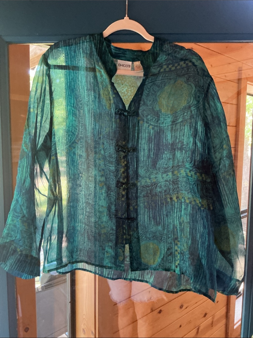 Chico's Sheer Teal Green Asian-Inspired Button Blouse